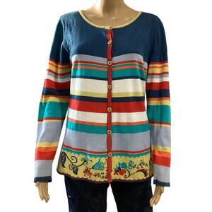IVKO Multicolor Striped Knit Cardigan Floral Hem Pointelle Yoke Boho Sz 42/ US L